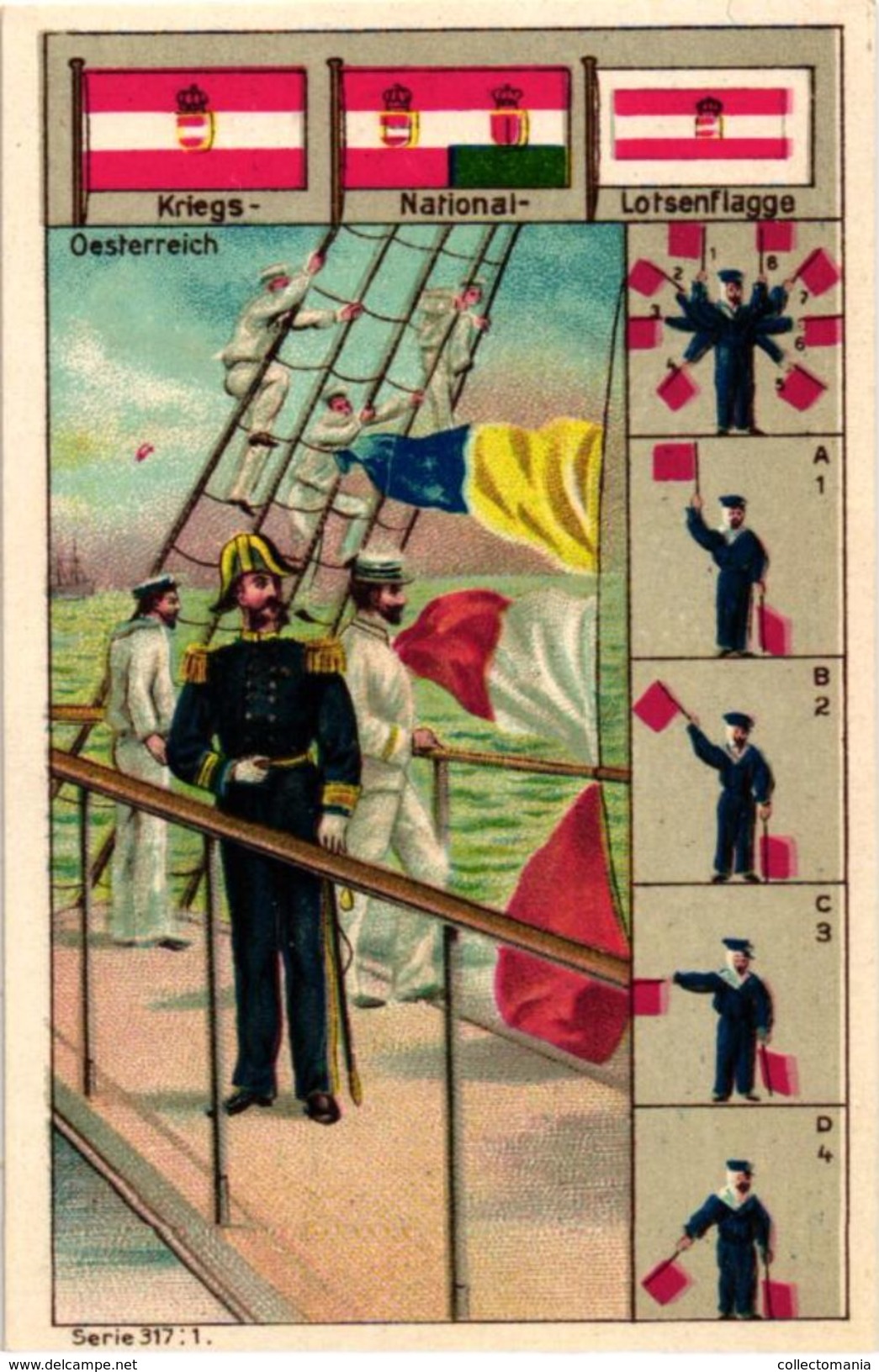 6 cards complete litho chromo set c1900 PUB CREME LI 008 - german Text  serie 317 MArine flaggen fishing sailing