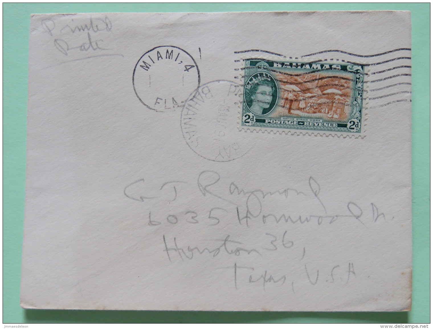 Bahamas 1961 Cover Pleasant Bay To Miami - Queen - Native Strawwork - Bahamas (1973-...)