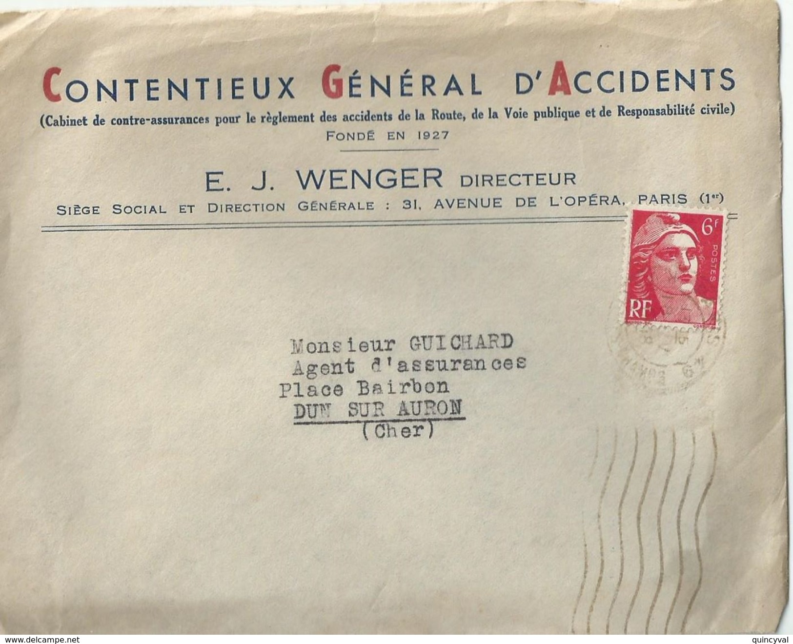 4031 PARIS 49 Lettre Entête CONTENTIEUX GENERAL D'ACCIDENTS Gandon 6 F Rouge Yv 721 - Covers & Documents