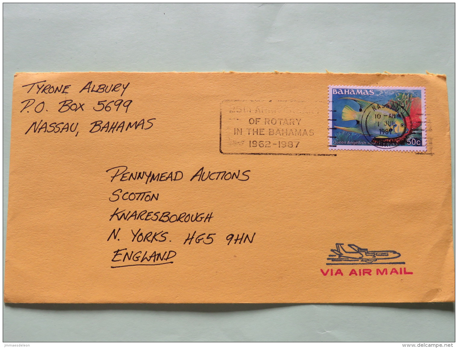 Bahamas 1987 Cover Nassau To England - Fish Angelfish (Scott #613 = 2.75 $) - Bahamas (1973-...)