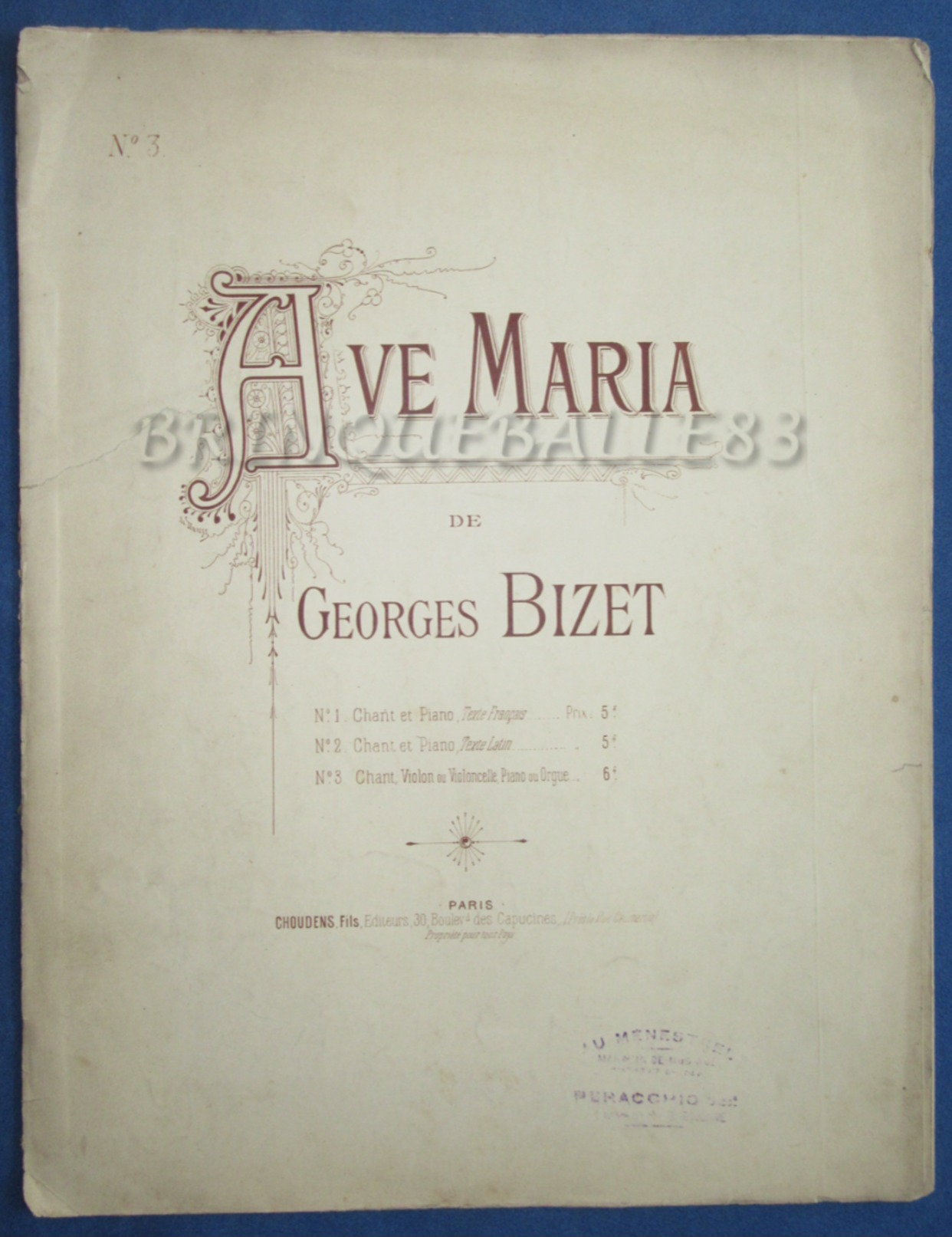 PARTITION GF PIANO ORGUE CHANT VIOLON VIOLONCELLE GEORGES BIZET AVE MARIA 1894 - A-C