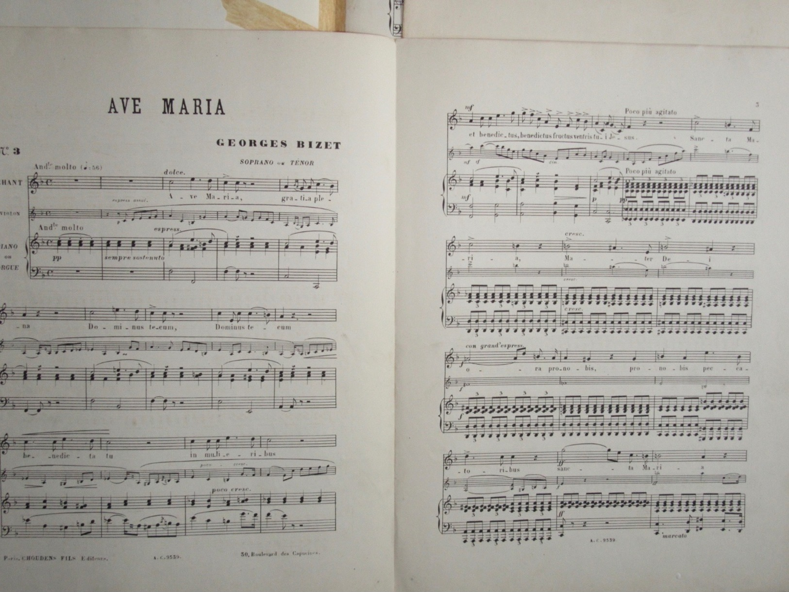 PARTITION GF PIANO ORGUE CHANT VIOLON VIOLONCELLE GEORGES BIZET AVE MARIA 1894 - A-C