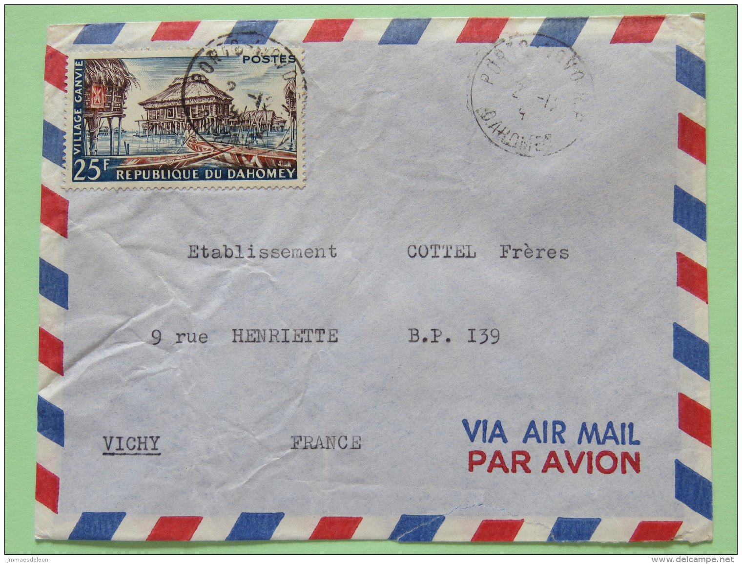 Dahomey (Benin) 1960 Cover Porto-Novo To Vichy France - Village Ganvie - Hut - Boats - Benin - Dahomey (1960-...)