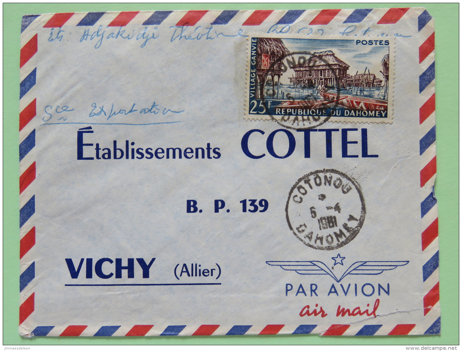 Dahomey (Benin) 1961 Cover Cotonou To Vichy France - Village Ganvie - Hut - Boats - Benin - Dahomey (1960-...)