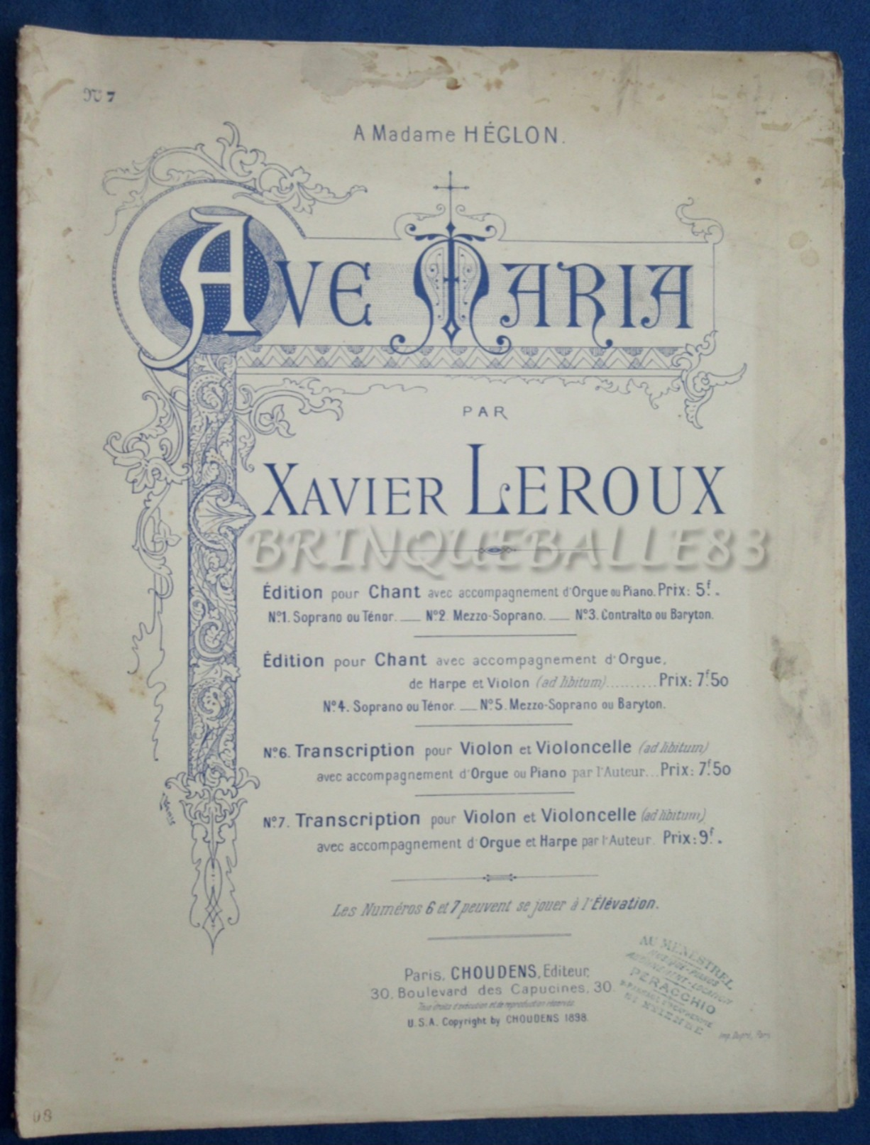 PARTITION GF ORGUE HARPE VIOLON VIOLONCELLE XAVIER LEROUX AVE MARIA 1898 HÉGLON - J-L