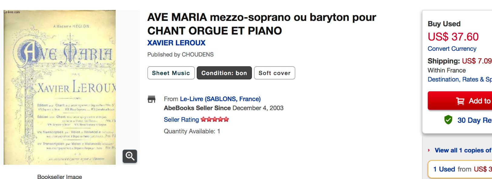 PARTITION GF ORGUE HARPE VIOLON VIOLONCELLE XAVIER LEROUX AVE MARIA 1898 HÉGLON