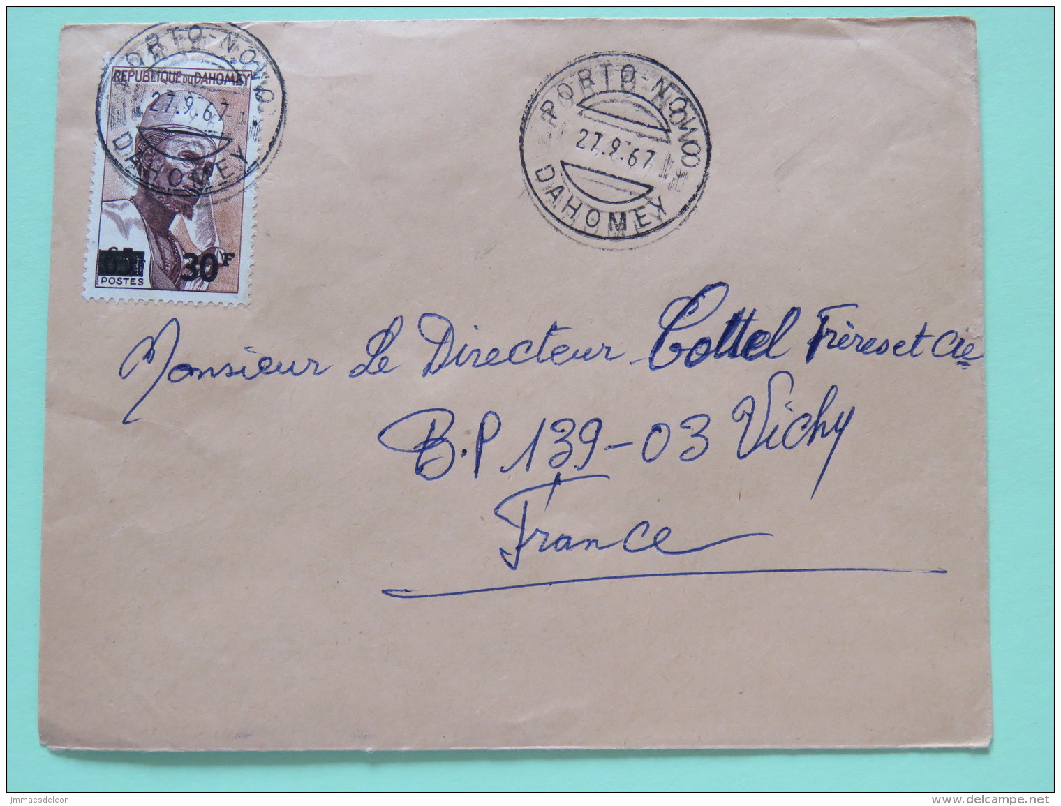 Dahomey (Benin) 1967 Cover Porto-Novo To Vichy France - Man With Hat - Overprinted 30Fr On 65Fr (Scott #232) - Benin - Dahomey (1960-...)