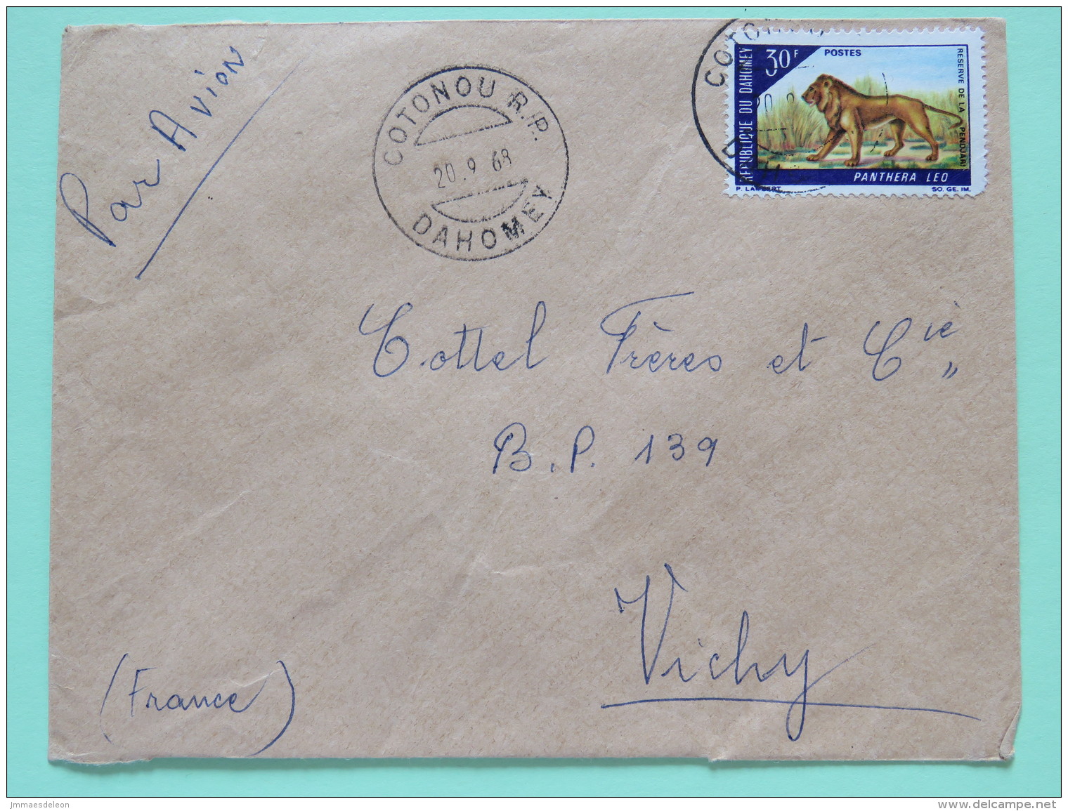 Dahomey (Benin) 1968 Cover Cotonou To Vichy France - Lion - Benin - Dahomey (1960-...)