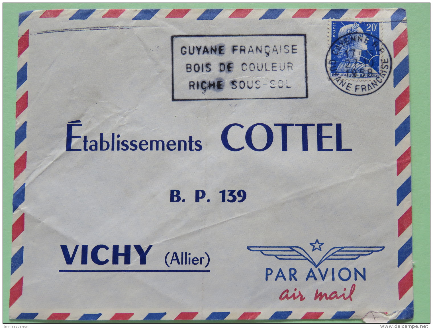 French Guyana (France) 1958 Cover Cayenne To Vichy France - Marianne - Wood Timber Slogan - Lettres & Documents