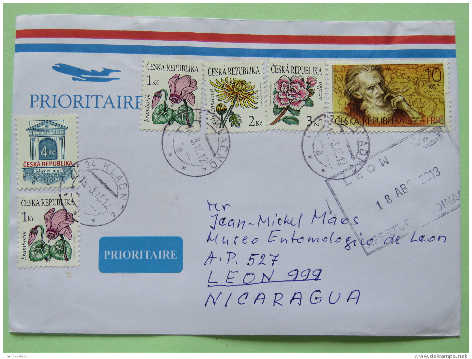 Czech Rep. 2013 Cover To Nicaragua - Flowers Temple - Alberto Vojtech - Map Paraguay Villarica - Covers & Documents