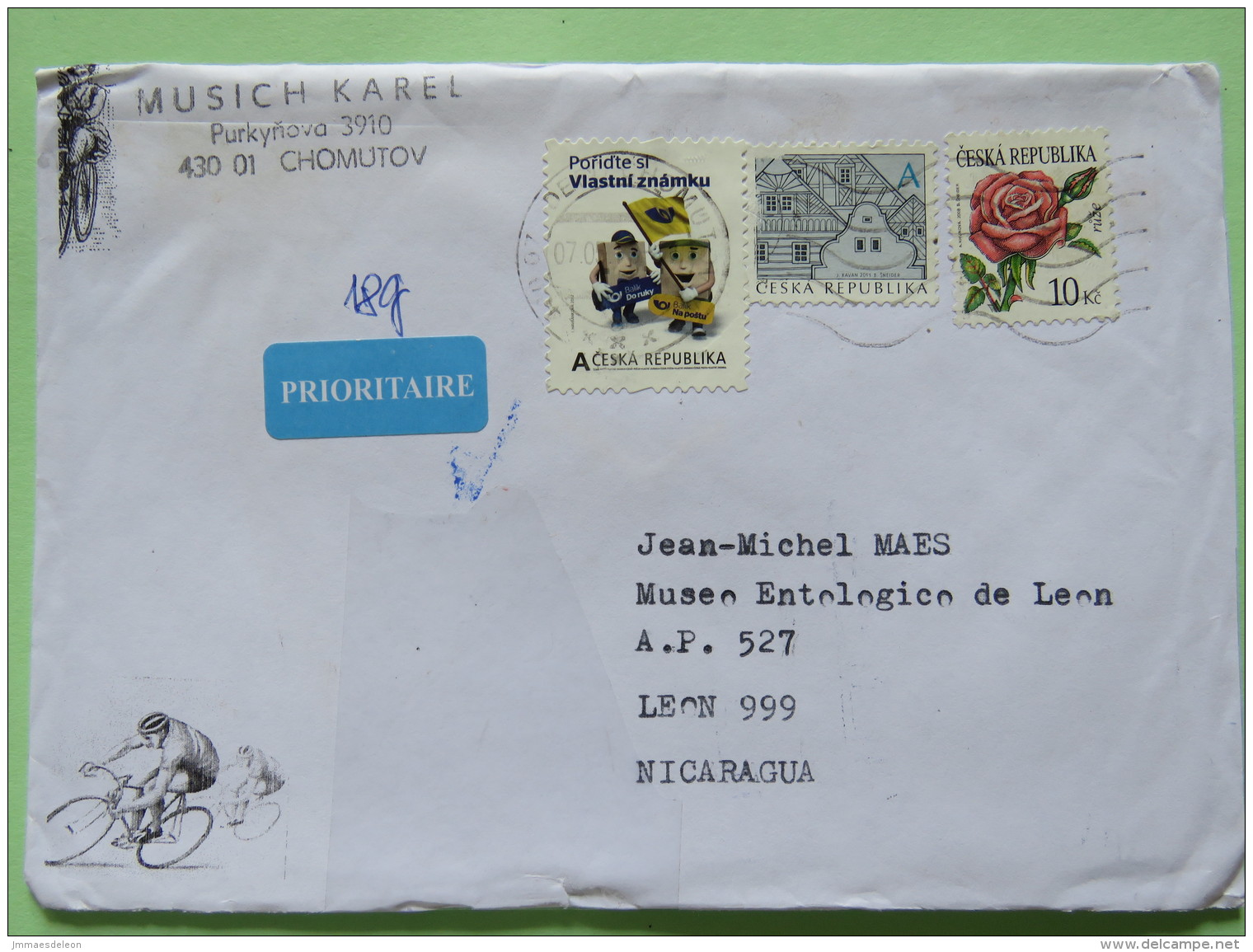 Czech Rep. 2013 Cover Chomutov To Nicaragua - Bicycle - Flower Rose Comics Flag Architecture - Covers & Documents