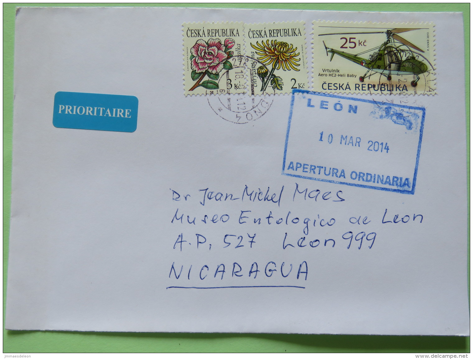 Czech Rep. 2014 Cover To Nicaragua - Flowers - Helicopter - Covers & Documents