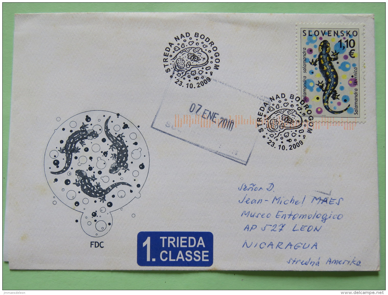Slovakia 2010 FDC Cover Zilina To Nicaragua - Salamandra Salamander  - On Back Architecture - Lettres & Documents
