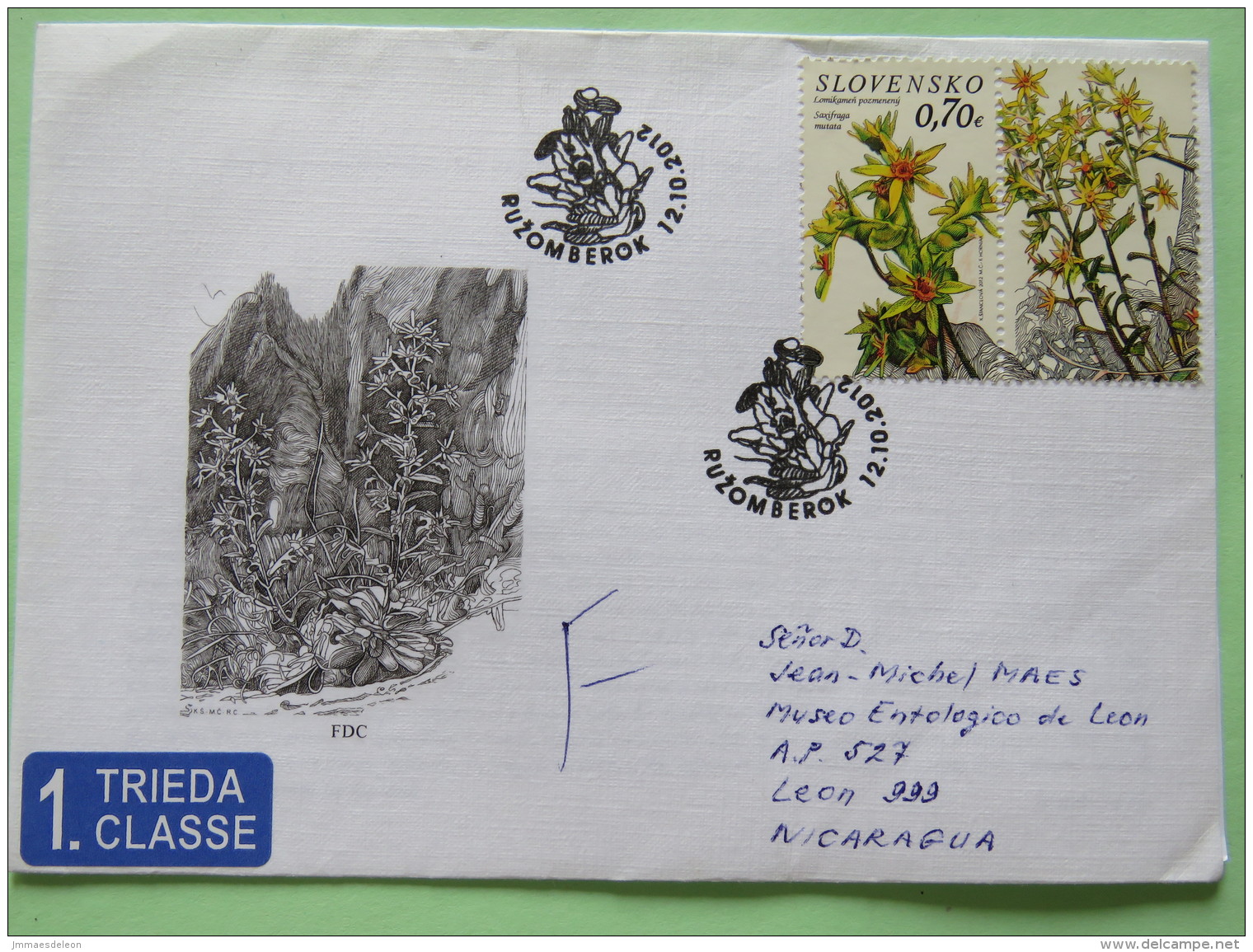 Slovakia 2012 FDC Cover Ruzomberok To Nicaragua - Flowers - Mailboxes On Back With Tab - Covers & Documents