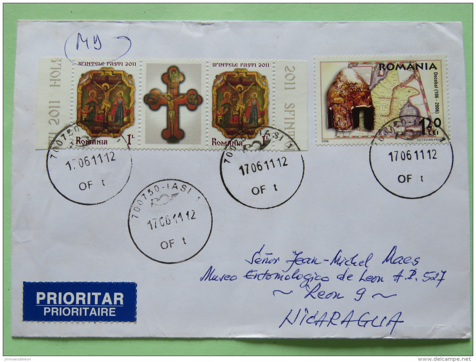 Romania 2011 Cover Iasi To Nicaragua - Map Religious Art Cross Paintings Hemlet - Brieven En Documenten