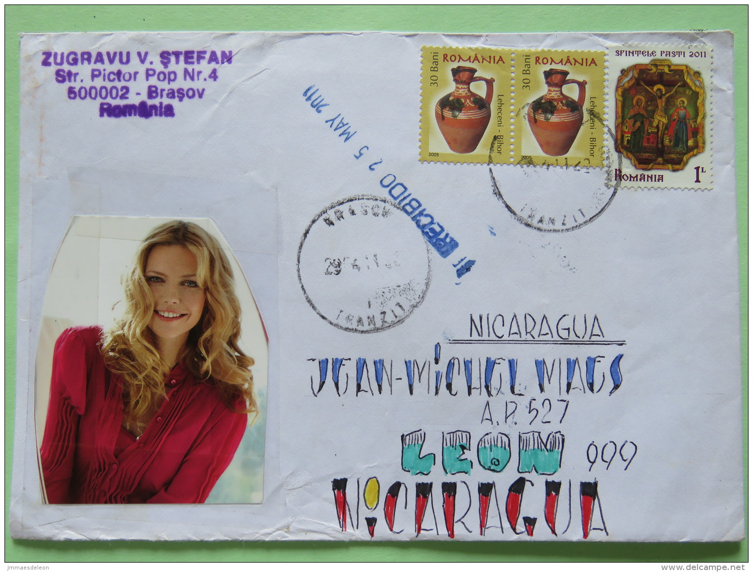 Romania 2011 Cover Brasov To Nicaragua - Ceramic Plate - Woman - Religious Painting Christ On Cross - Briefe U. Dokumente