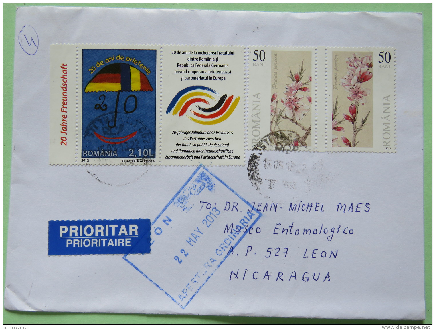 Romania 2013 Cover Bucharest To Nicaragua - Flowers - Flags Romania - Germany Treaty + Label - Briefe U. Dokumente