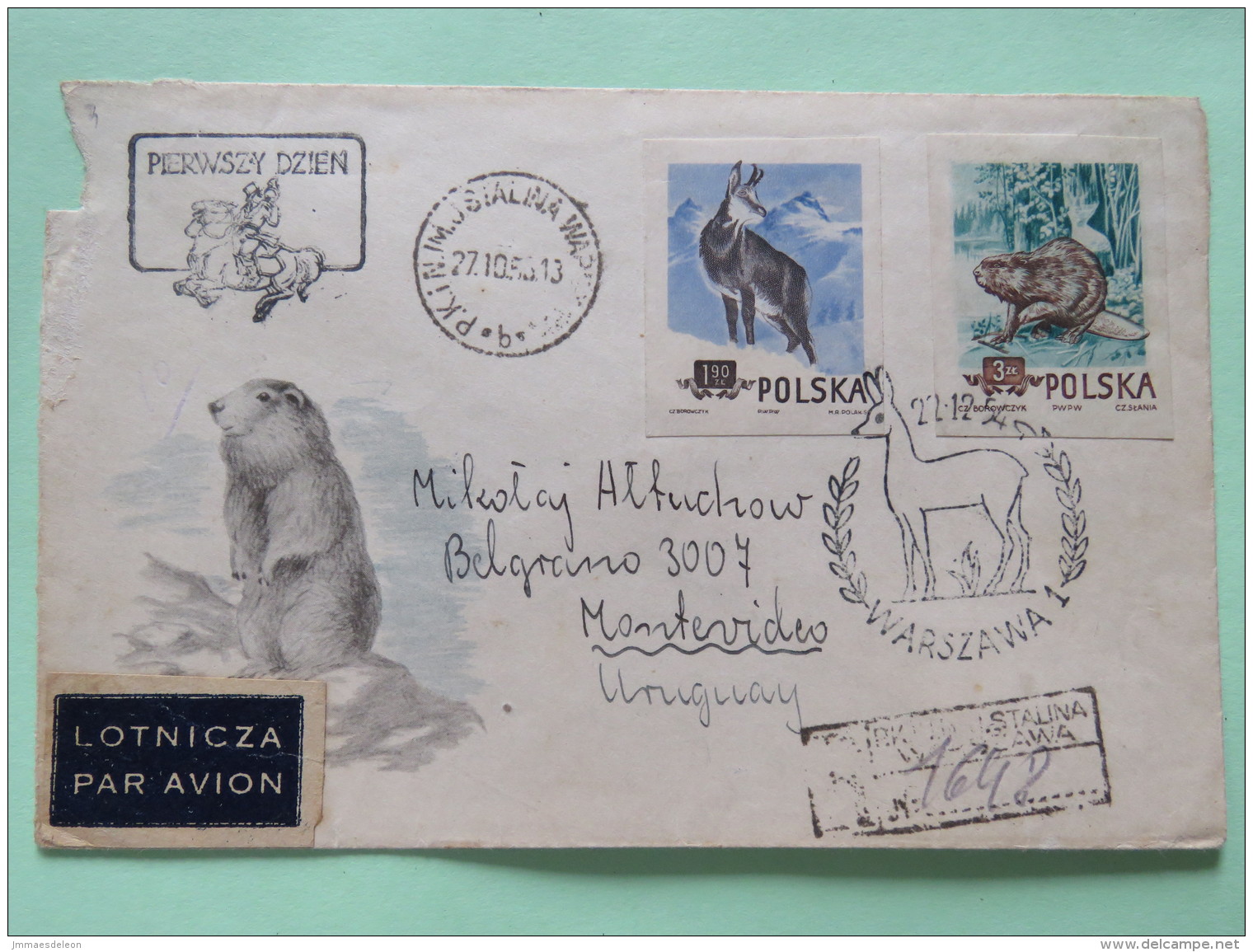 Poland 1956 Registered FDC Cover To Uruguay - Animals - Chamois Beaver - Unperforated - Basket Ball - Train House Toys - Covers & Documents