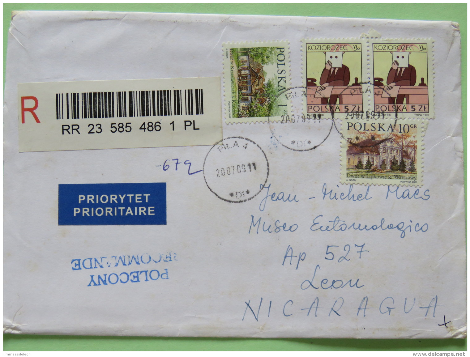 Poland 2009 Registered Cover Pila To Nicaragua - Zodic - House Castle - Covers & Documents