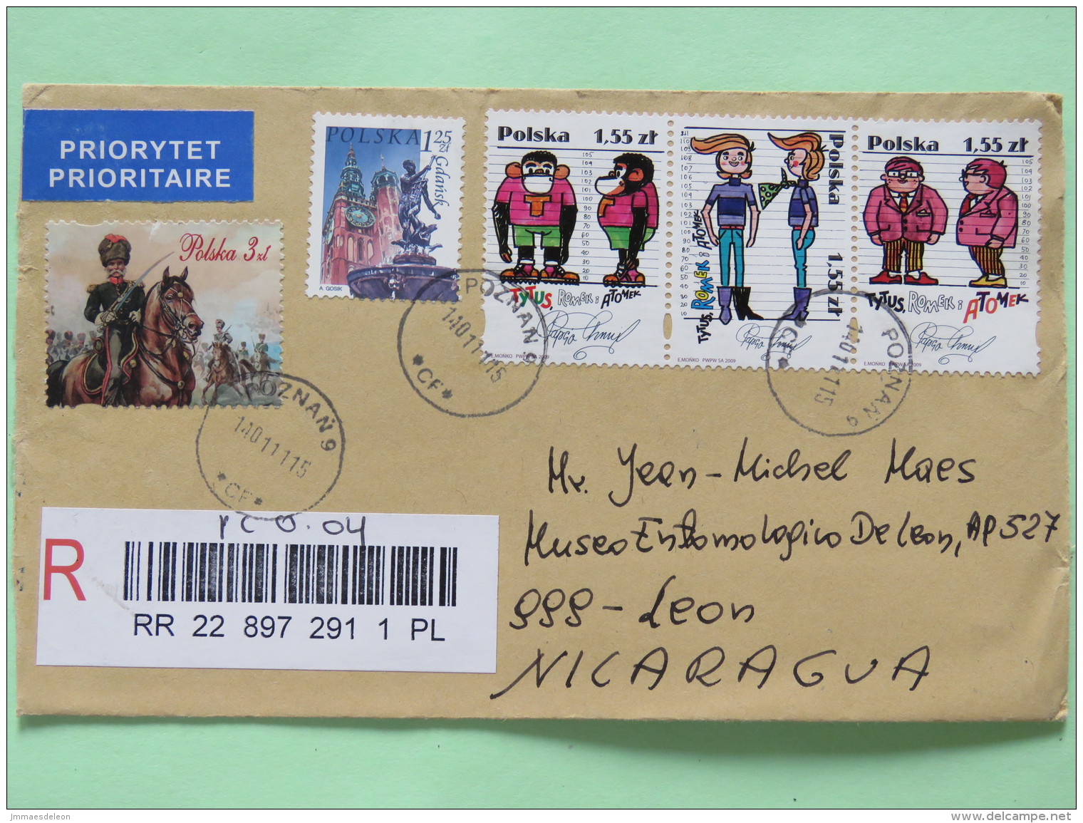 Poland 2011 Registered Cover Poznan To Nicaragua - Comics Monkey - Church Statue Zeus - Soldier Horse - Covers & Documents
