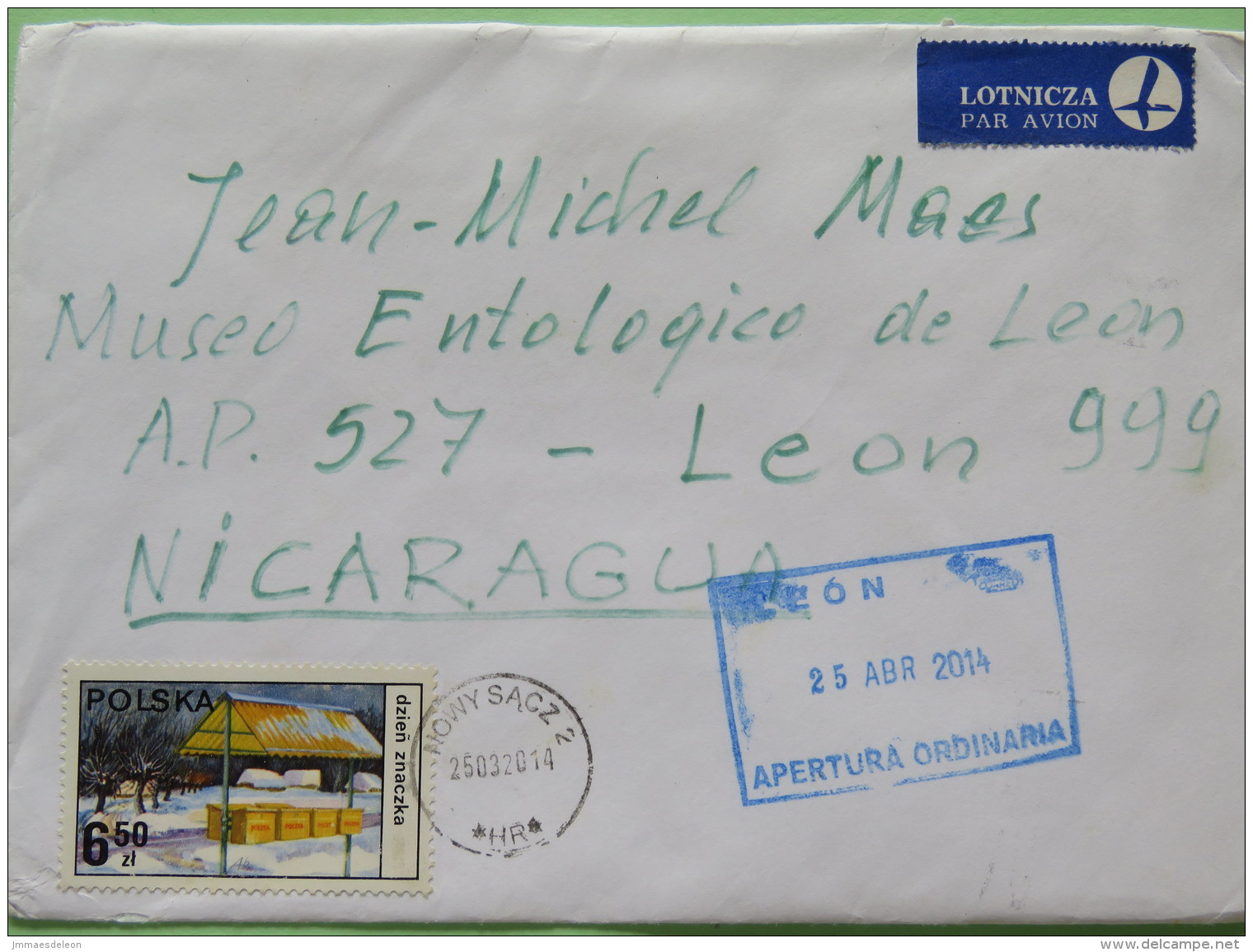 Poland 2014 Cover To Nicaragua - Stamp Day - Covers & Documents