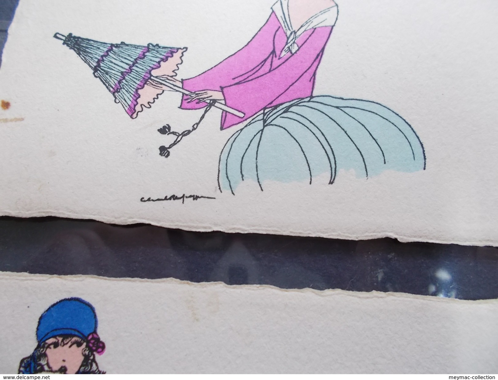 SERIE 6 CPA Genre Aquarellées FEMMES MIDINETTES OMBRELLE Parapluie Chapeaux Fleurs Signature Illustrateur Illisisble - Other & Unclassified