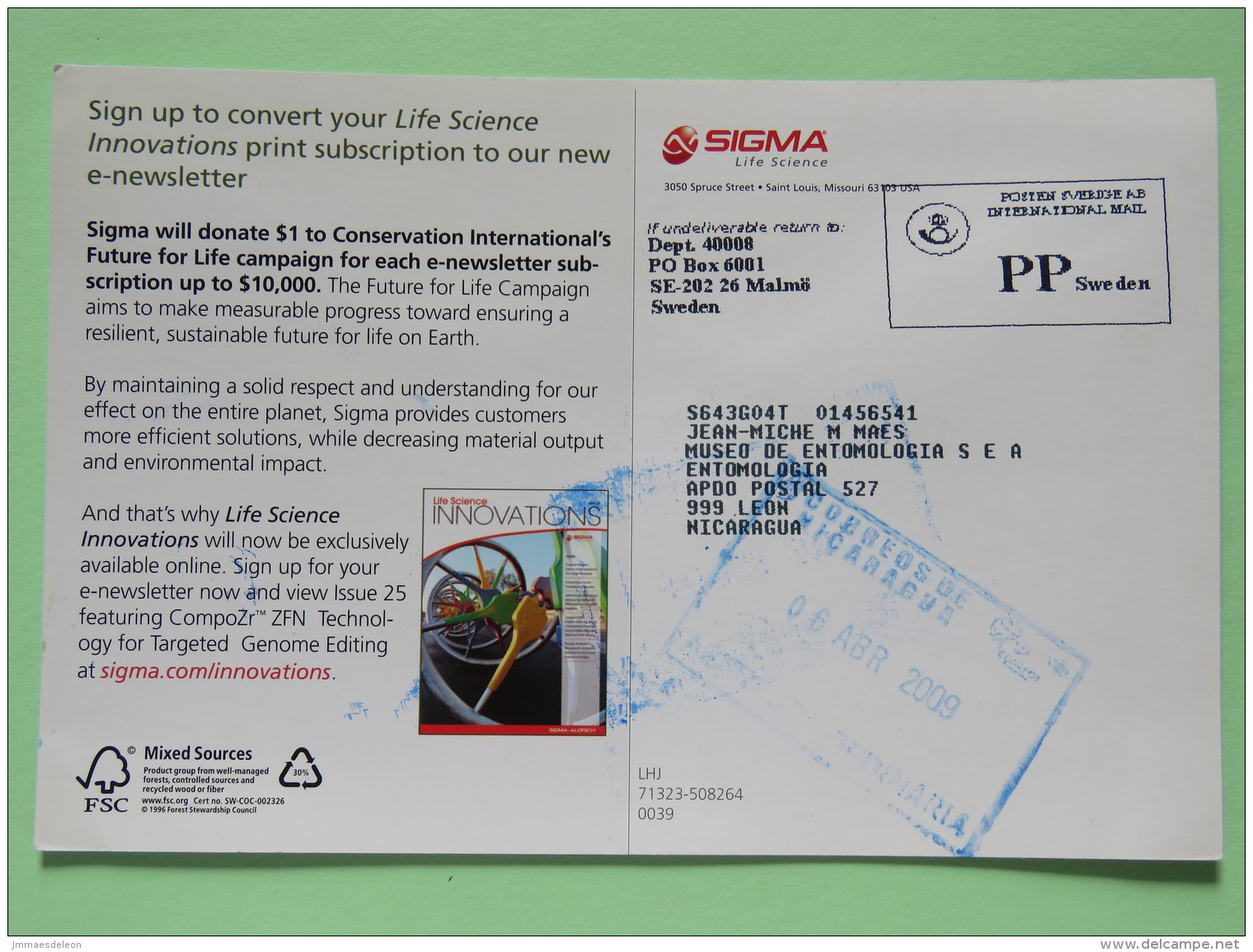 Sweden 2009 Postcard ""Life Sciences Innovation Is Going Green"" Malmo To Nicaragua - Postage Paid - Briefe U. Dokumente