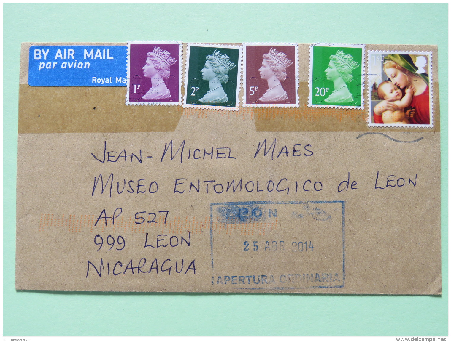 Great Britain 2014 Cover To Nicaragua - Machin - Queen - Christmas - Covers & Documents