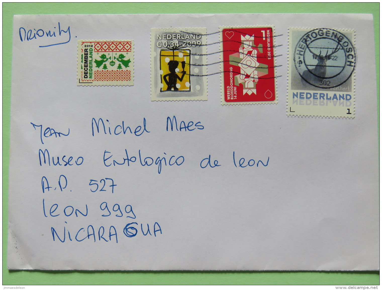 Netherlands 2014 Cover To Nicaragua - Deer Game Card Greetings Champagne Angels Christmas - Lettres & Documents