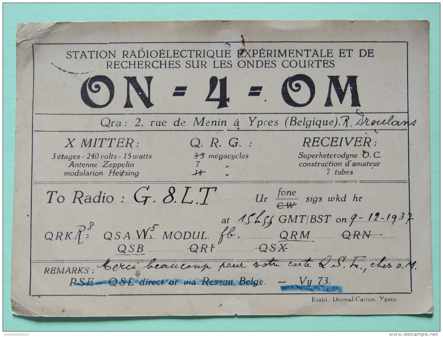 Belgium 1937 Postcard Ypres To England - Lions - Radio Amateur Card - Covers & Documents