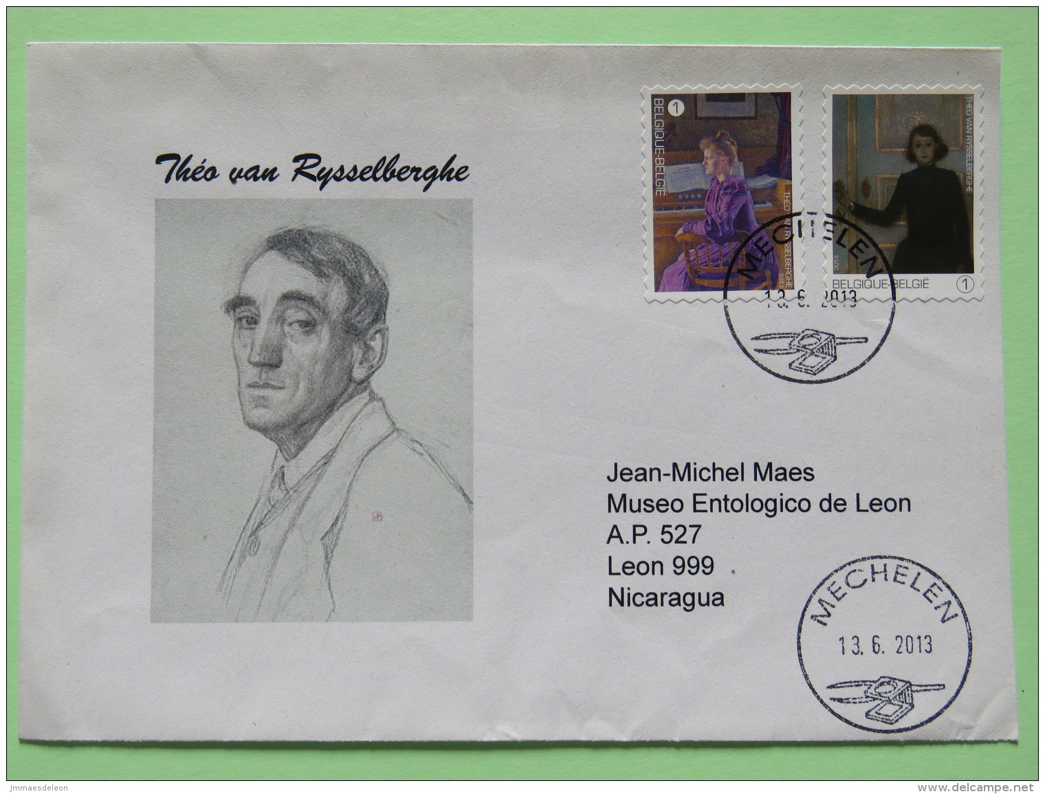 Belgium 2013 Cover Mechelen To Nicaragua - Theo Van Rysselberghe - Paintings - Covers & Documents