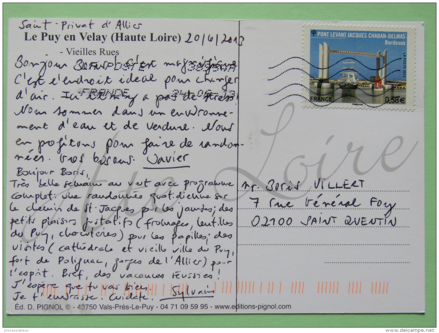 France 2013 Postcard ""Le Puy En Velay - Lace"" To Saint Quentin - Ship - Bridge - Brieven En Documenten