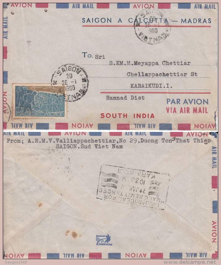 Vietnam  1960  Cover Via  Saigon  Calcutta - Madras  To India  # 98761   Inde Indien - Vietnam