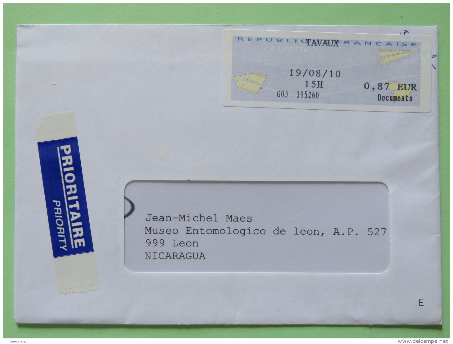 France 2010 Cover Tavaux To Nicaragua - Franking Label - Covers & Documents