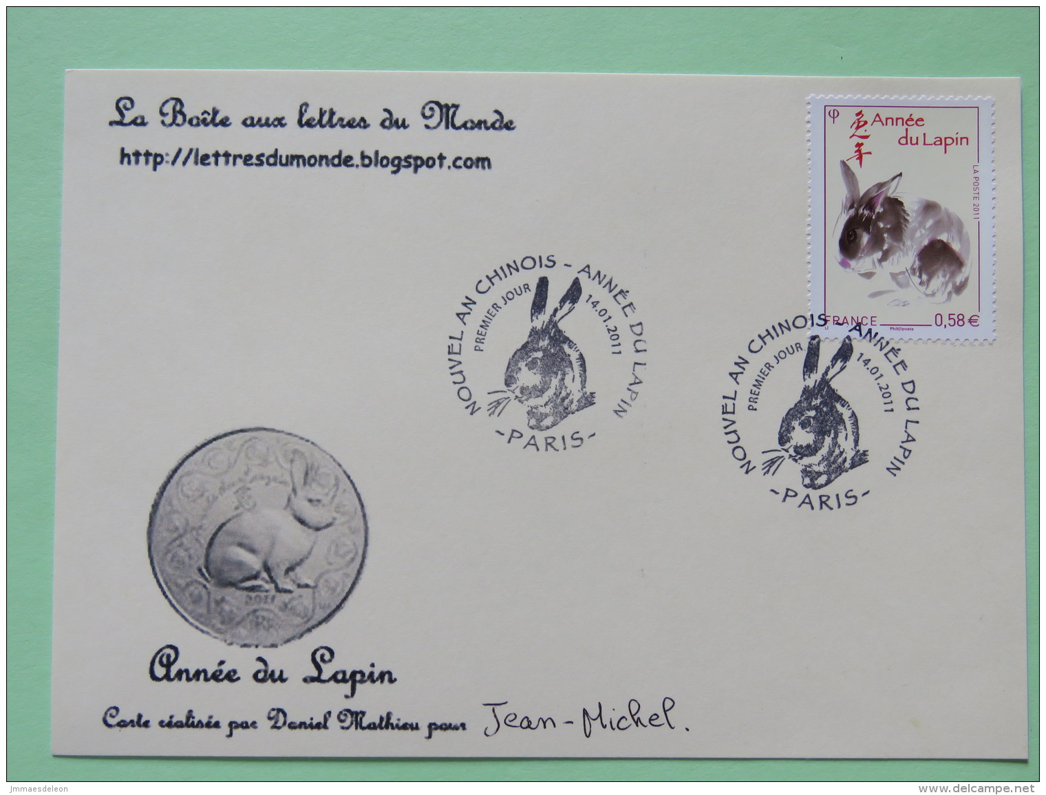 France 2011 FDC Card Year Of The Rabbit - Brieven En Documenten