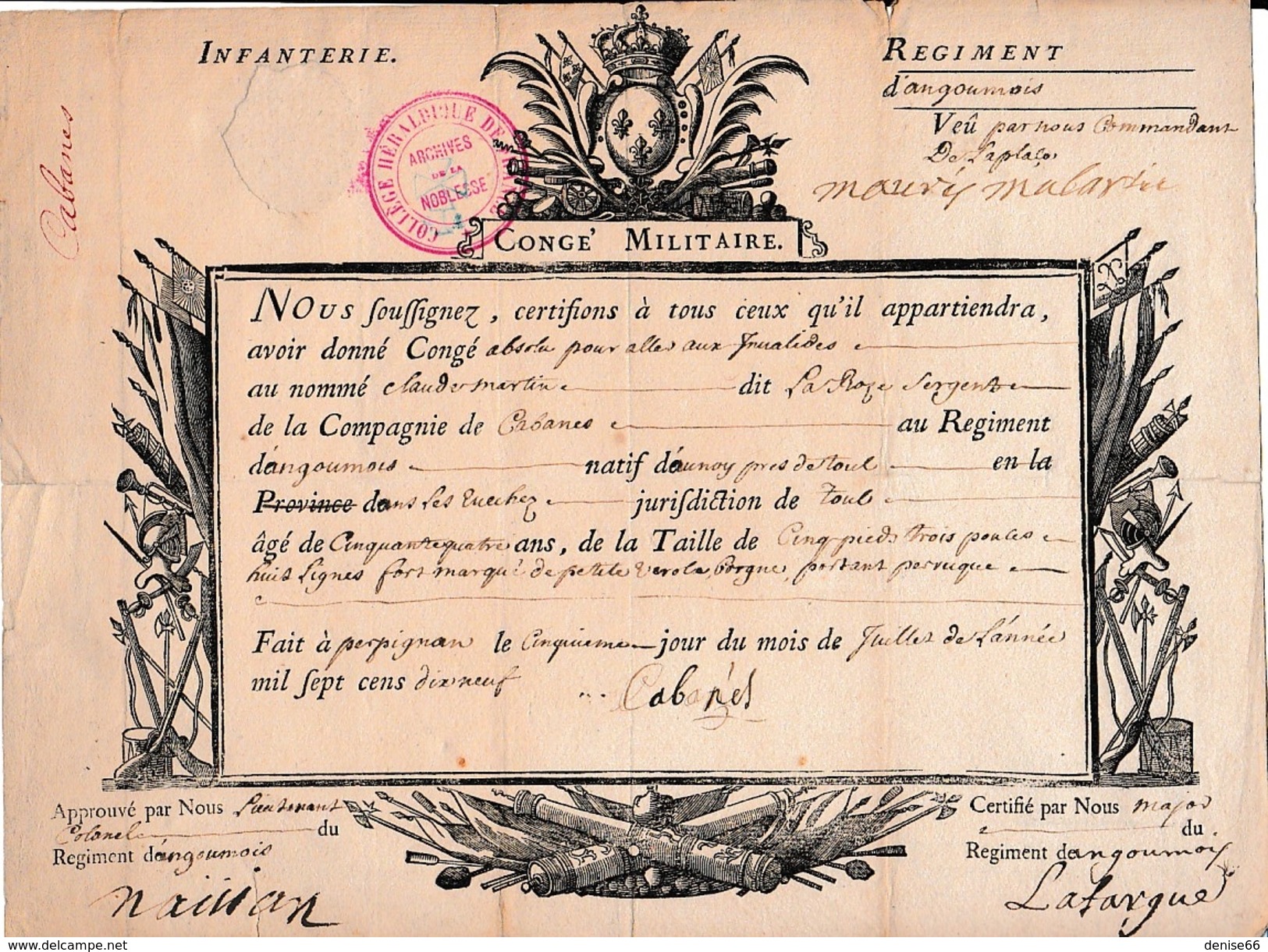 1719 - Régiment D'Infanterie D'ANGOUMOIS - CONGÉ MILITAIRE - PERPIGNAN (66) - Documents Historiques