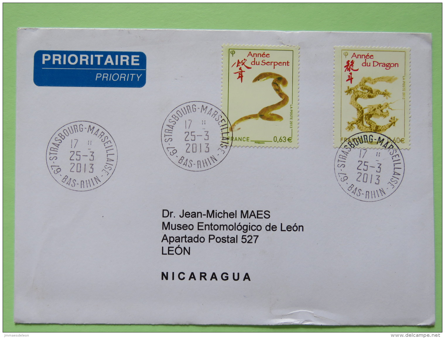 France 2013 Cover To Nicaragua - Year Of The Snake - Year Of The Dragon - Covers & Documents