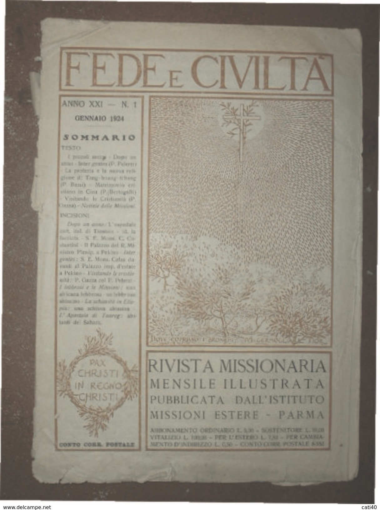 FEDE E CIVILTA' RIVISTA MISSIONARIA MENSILE MISSIONI ESTERE PARMA  N. 1 GENNAIO 1924 - Società, Politica, Economia