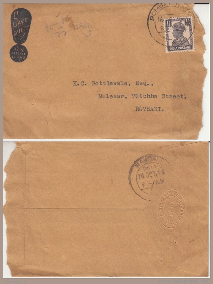 India 1944  SAVE FOR SAFETY  Printed  Cover Bombay To Navsari  #  98808    Inde Indien - 1936-47 King George VI