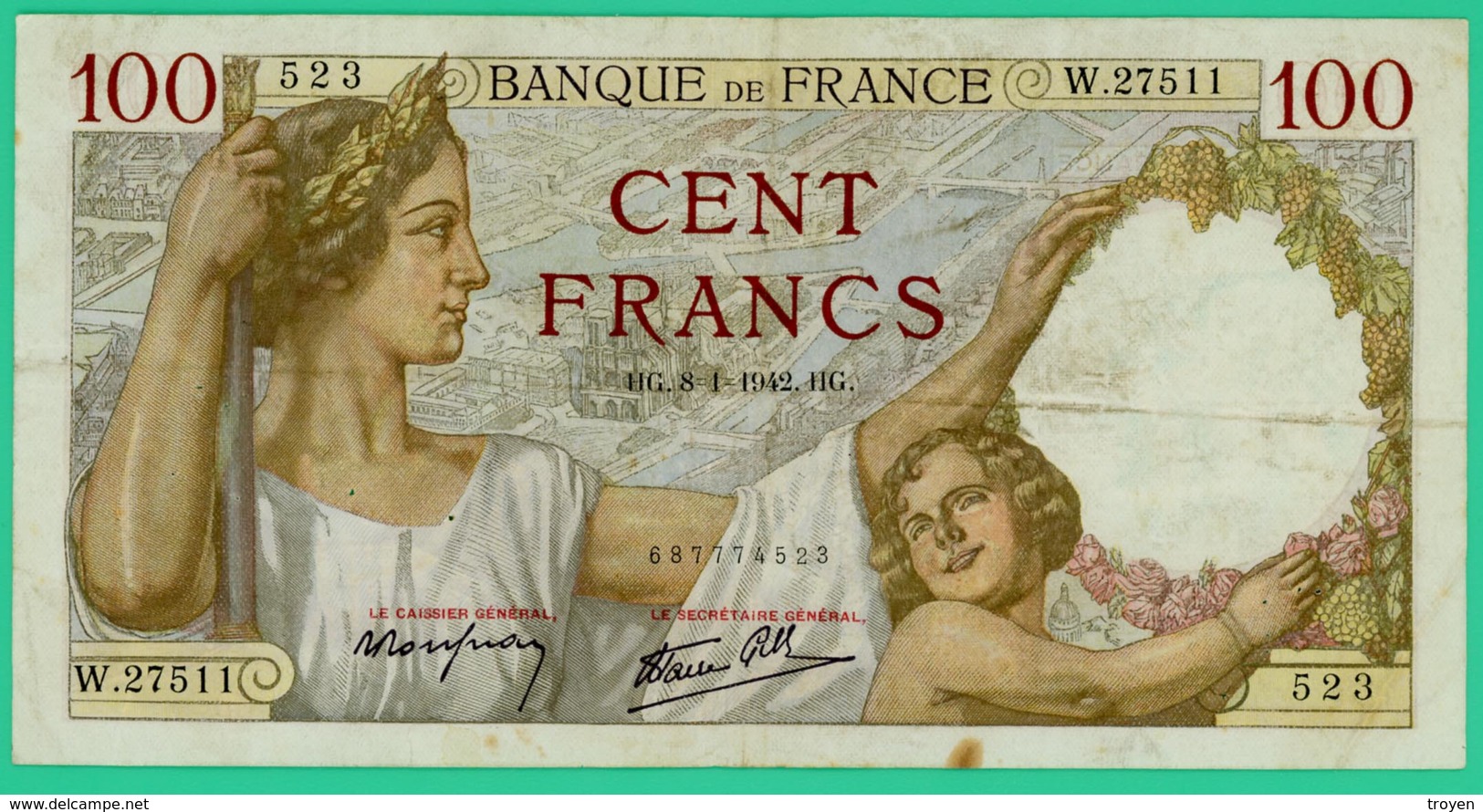 100 Francs - Sully - France - N° W.27511 - 523 - 8=1=1942  - TB+ - - 100 F 1939-1942 ''Sully''