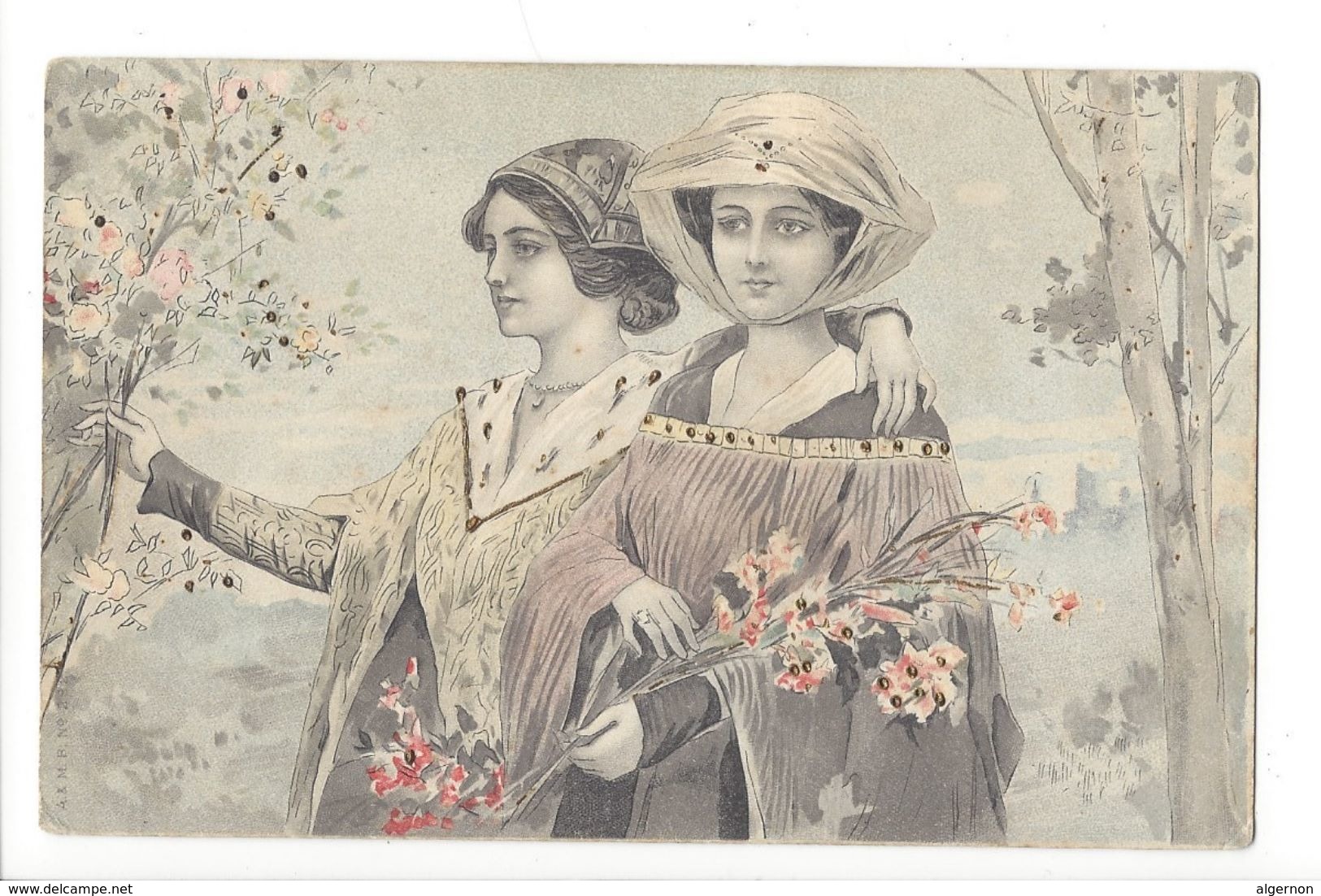 17194 - Art Nouveau Deux Jeunes Filles Avec Bouquet De Fleurs A& M B - Femmes