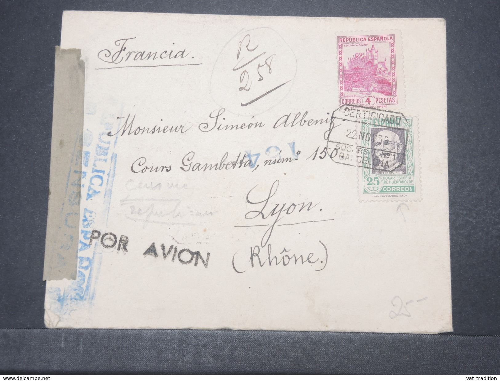 ESPAGNE - Enveloppe De Barcelone Pour La France En 1938 Avec Censure , Affranchissement Plaisant - L 9657 - Republikanische Zensur