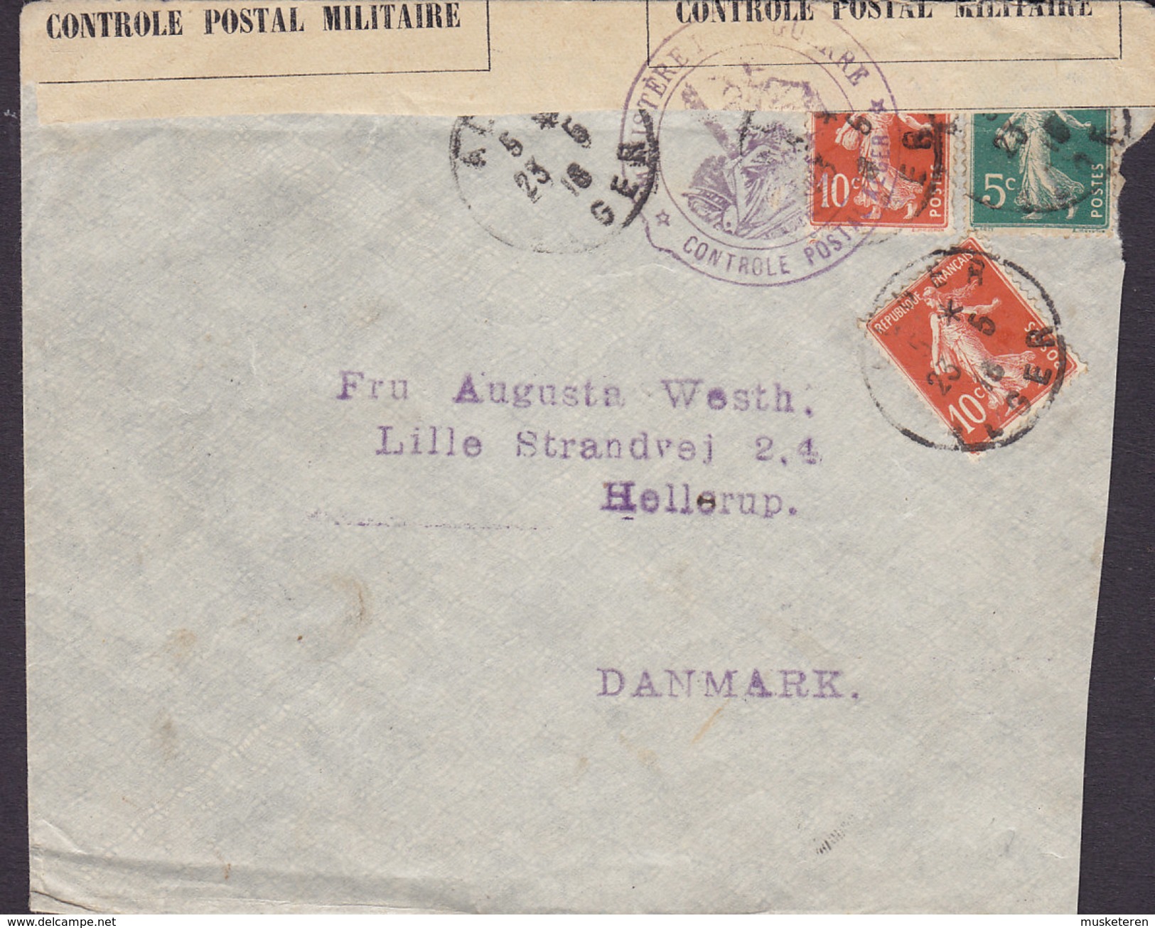 Mærsk Skibspost Ships Mail ALGER 1916 Cover Lettre Lille Strandvej 24, HELLERUP Denmark French Military Censur Semeuse - Guerre D'Algérie