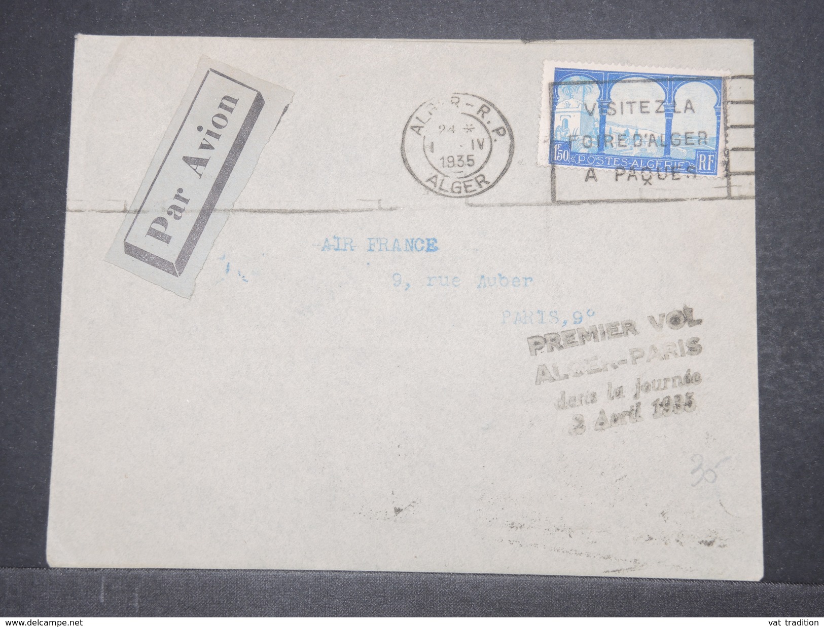 FRANCE / ALGÉRIE - Enveloppe 1 Er Vol Dans La Journée De Alger Pour Paris En 1935 - L 9680 - Lettres & Documents