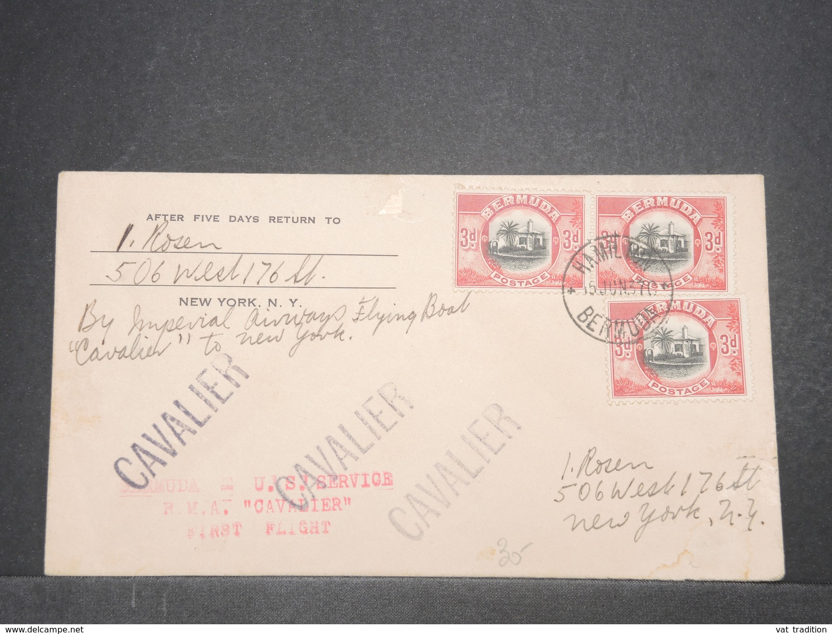 BERMUDES - Enveloppe 1 Er Vol De Hamilton  Par " Cavalier " Pour New York En 1937 , Affranchissement Plaisant - L 9685 - Bermudes