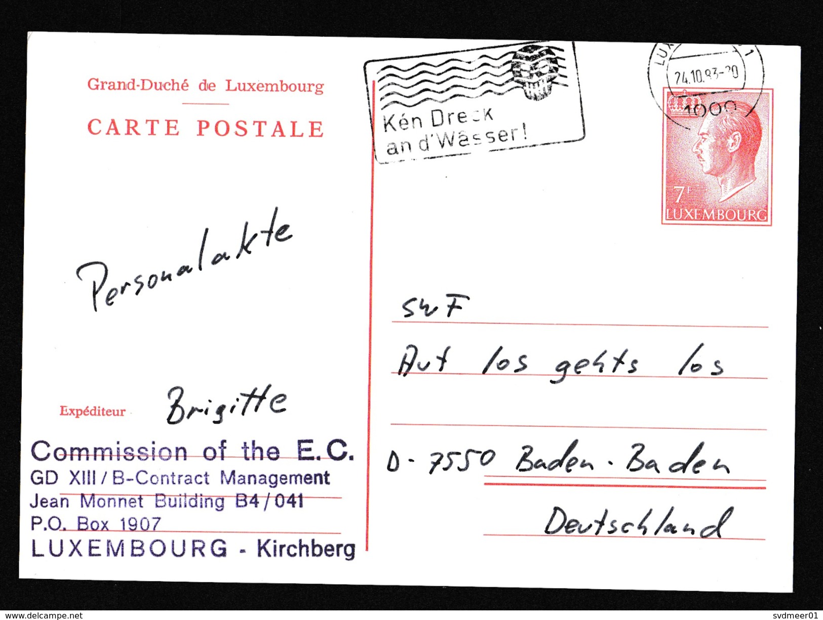 Luxembourg: Stationery Postcard To Germany, 1983, Cancel Environment Protection, Skull, Water Pollution (traces Of Use) - Brieven En Documenten