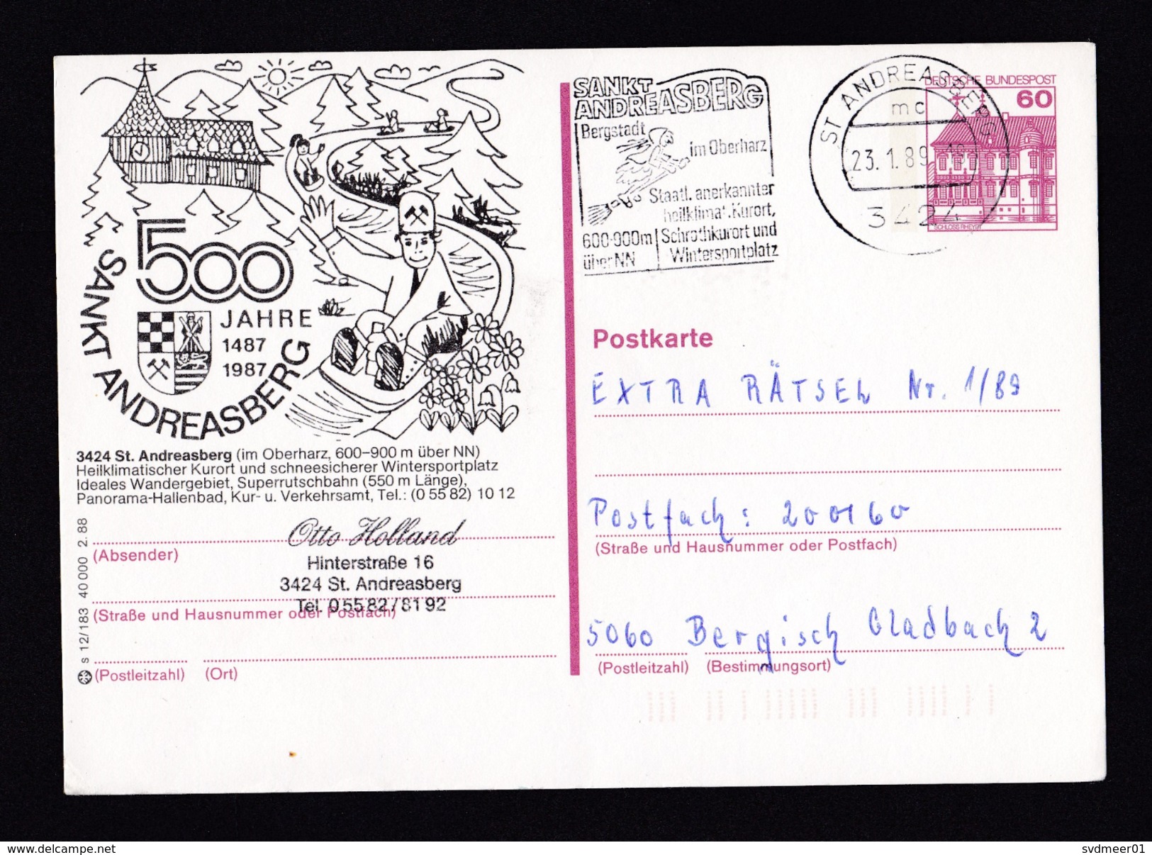 Germany: Illustrated Stationery Postcard, 1989, Sankt Andreasberg, Bobsled, Cancel Witch On Broom (traces Of Use) - Brieven En Documenten