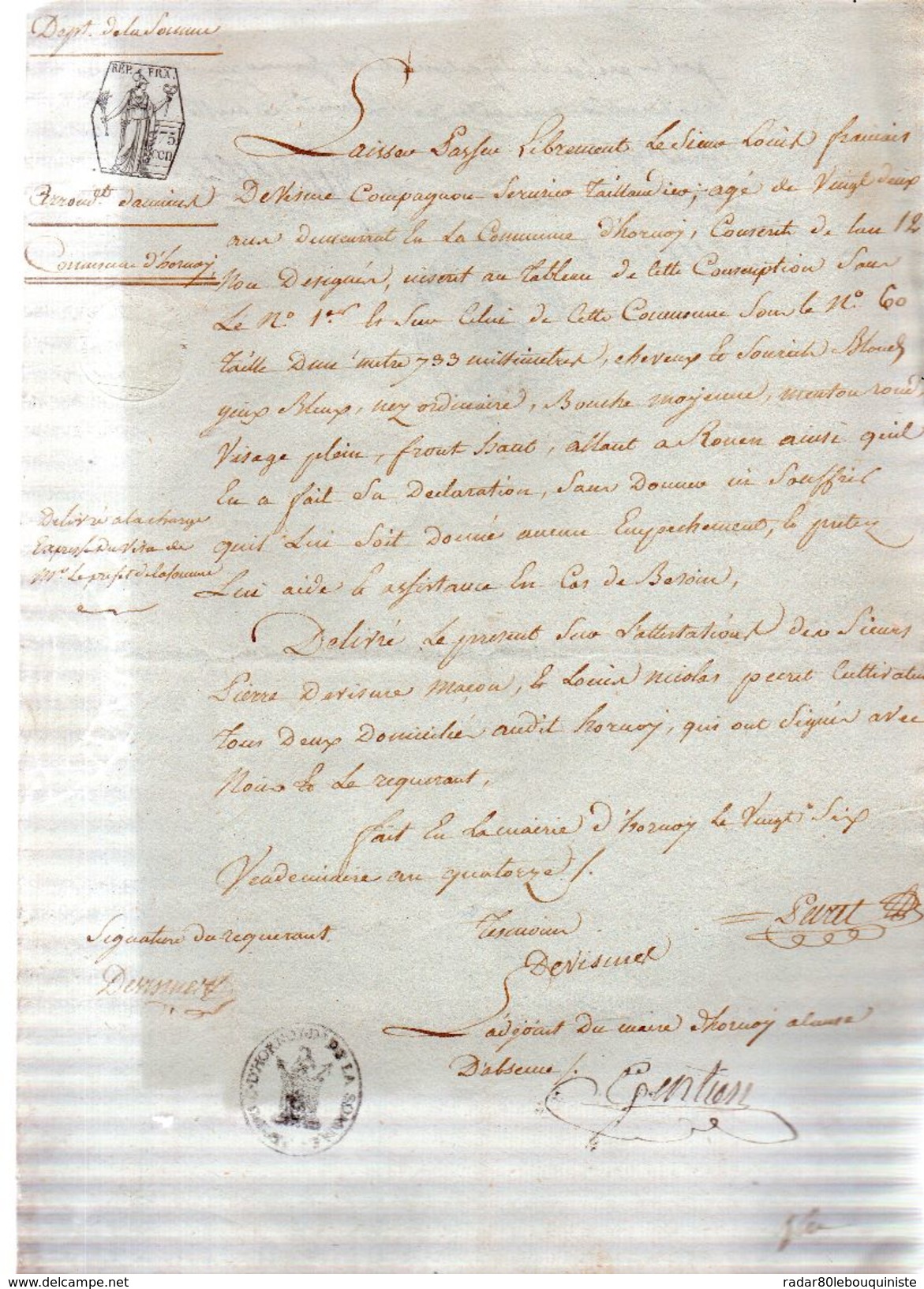 Sieur Louis-François DEVISME,compagnon Serrurier,commune D'Hornoy.Laisser Passer.28 Vendemiaire An Quatorze. - Documents Historiques