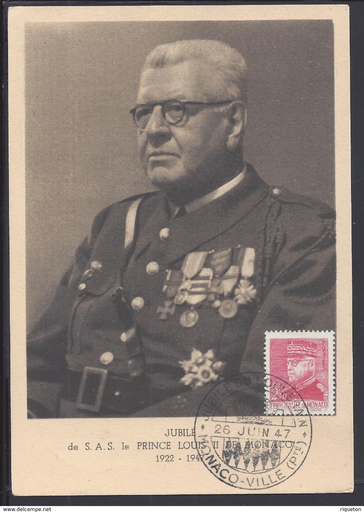 MONACO - 1947 - Carte Maximum "Jubilé De S.A.S. Le Prince Louis II De Monaco" B/TB - - Maximum Cards