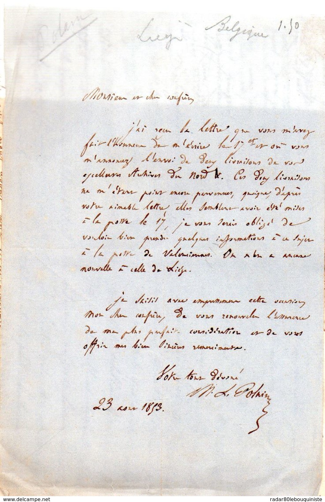 LAS.Mathieu-Lambert POLAIN (Ecrivain-Archiviste Belge,né à Liège Le 23 Janvier 1808)une Page Manuscrite Signée.1853. - Autres & Non Classés